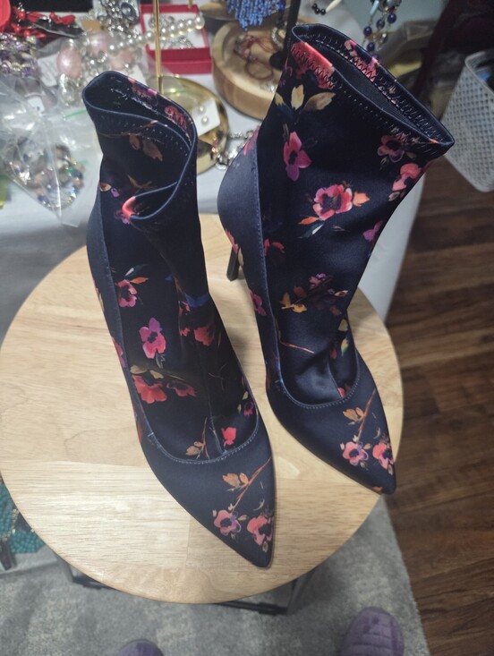 Gianni Bini Shoes - Gianni Bini Navy Blue Floral Pointed Toe Stiletto Sock Boots